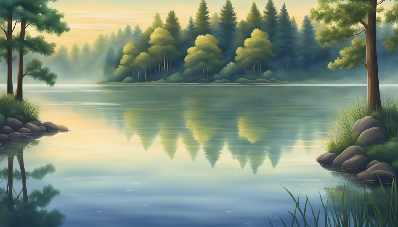 A serene lake reflecting the surrounding trees and sky, with gentle ripples and a sense of depth