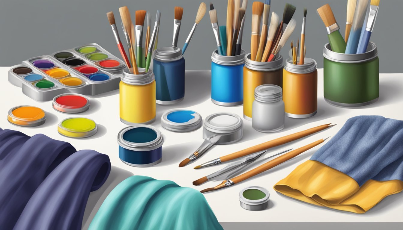 A table with fabric paints, paintbrushes, and clothing items ready for customization