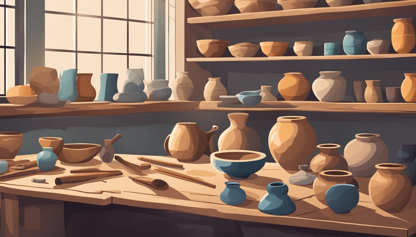 A pottery studio with various tools and slabs of clay laid out on a work table.</p><p>A potter's wheel and finished ceramic pieces are visible in the background