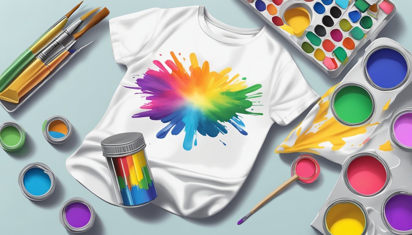 A hand holding a paintbrush applies colorful fabric paints to a t-shirt.</p><p>A heat set is used to ensure durability