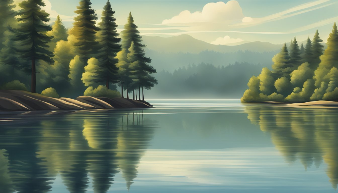 A tranquil lake reflecting the surrounding trees and sky, with ripples and subtle waves in the water, capturing the realistic effects of light and shadow