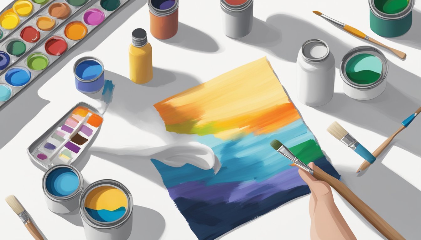 A table with various fabric paints, paintbrushes, and stencils laid out next to a plain white t-shirt.</p><p>A hand reaches for a paint bottle