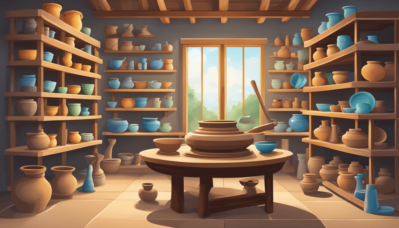 A potter's wheel with various tools and pottery pieces in different stages of completion, surrounded by shelves of clay and glazes