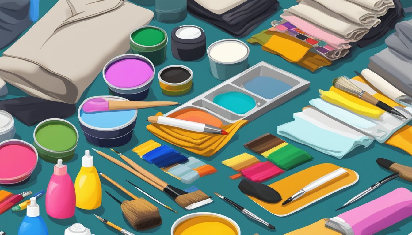 A table with fabric paints, brushes, and clothing laid out for customization