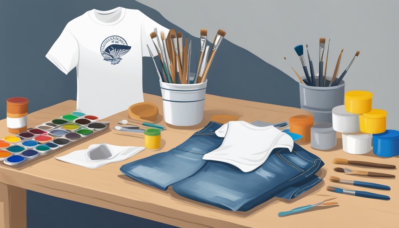 A table with various fabric paints, brushes, and stencils laid out.</p><p>A plain t-shirt and jeans are nearby, ready for customization