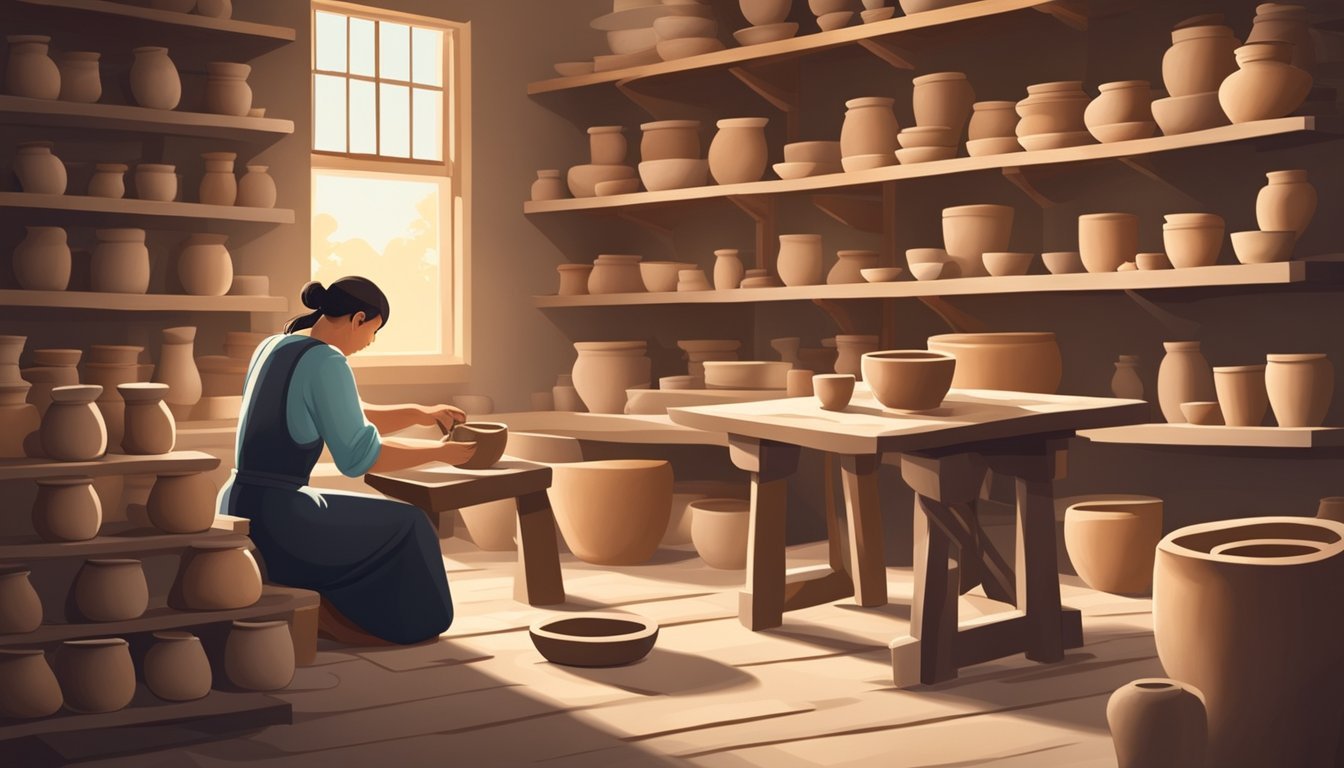 A potter's wheel spinning as hands shape clay, tools nearby for carving and smoothing.</p><p>Shelves hold finished pieces, while the studio is bathed in natural light