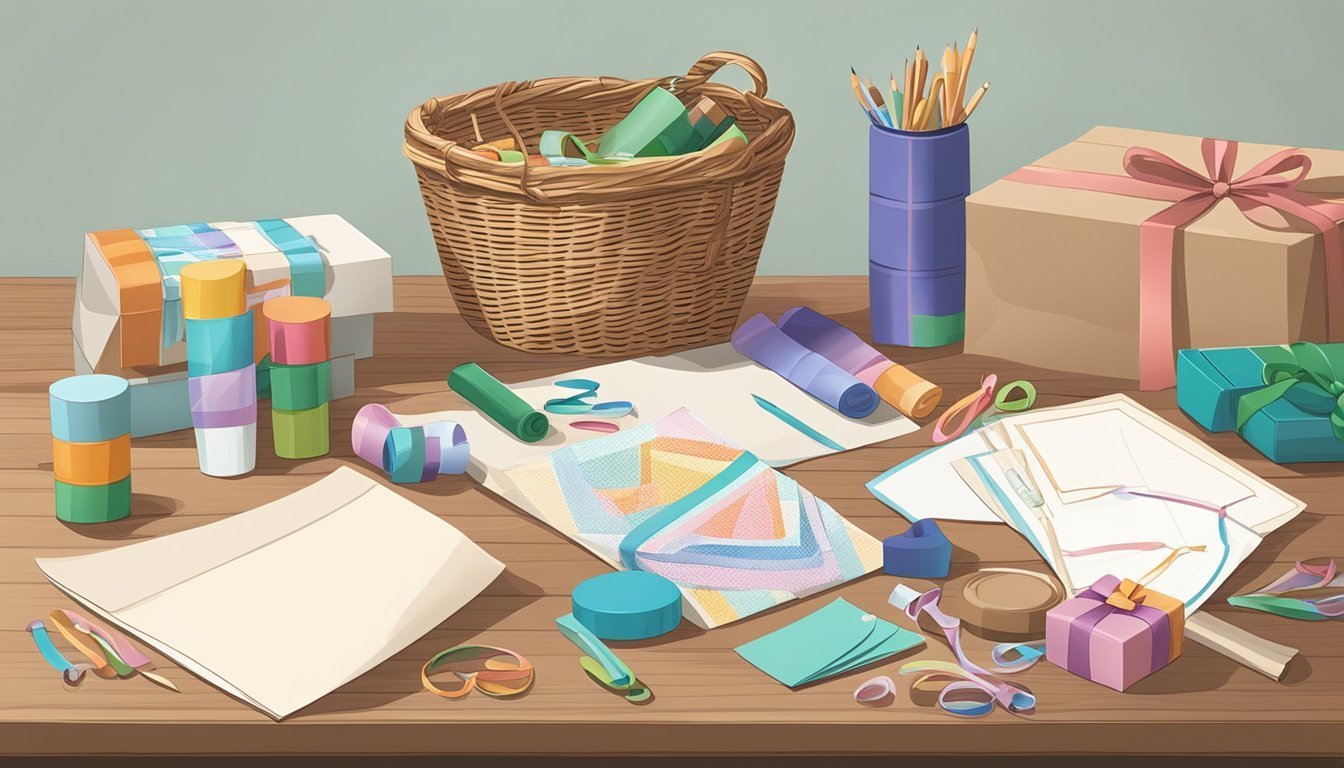 Craft supplies, gifts, and stationery arranged on a wooden table