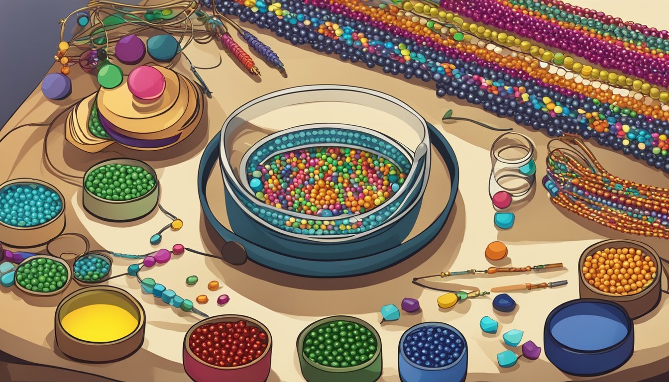 A table with colorful beads, strings, and instructions for making friendship bracelets