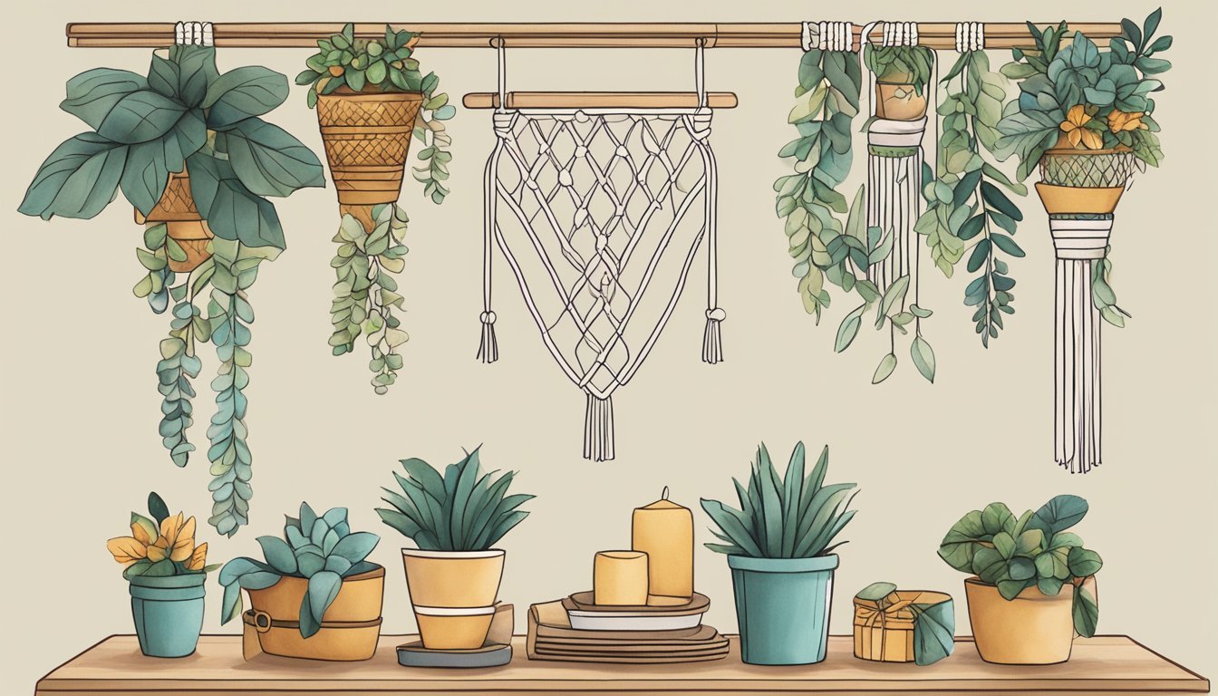 A table with macrame craft kit, holiday decorations, and finished hanging planters