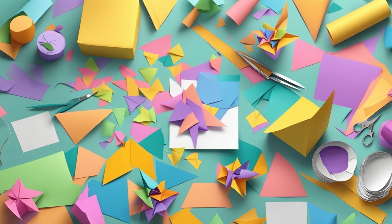A table scattered with colorful paper, scissors, and glue.</p><p>Finished origami decorations adorn the room