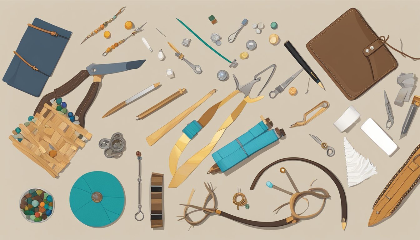 A table with craft materials and tools, including leather strips, beads, and clasps.</p><p>Instructions and examples of finished bracelets are displayed