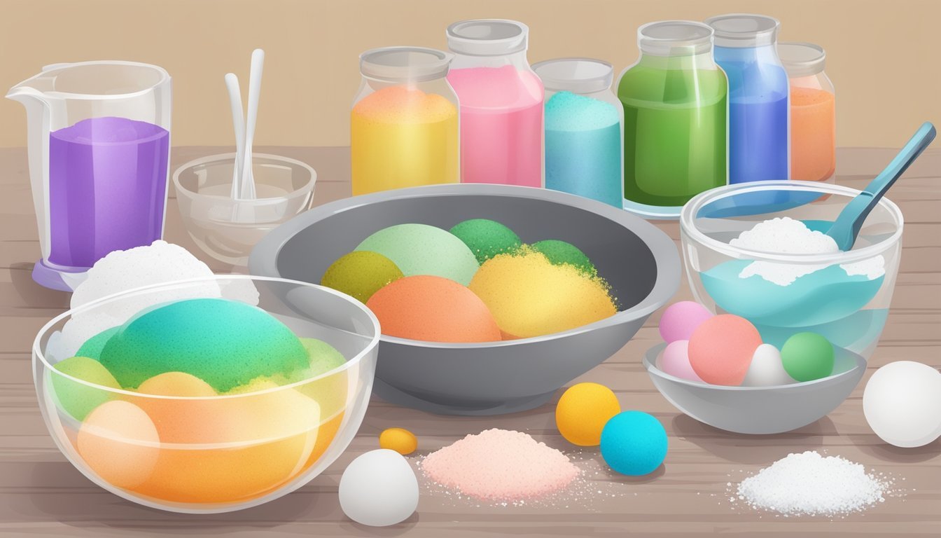 A table with colorful ingredients and molds, a mixing bowl, and a step-by-step instruction booklet for making bath bombs