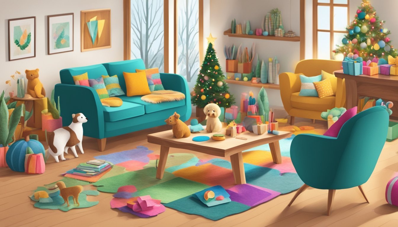 A cozy living room table with a variety of felt animal ornaments, colorful craft kits, and holiday-themed decorations scattered around