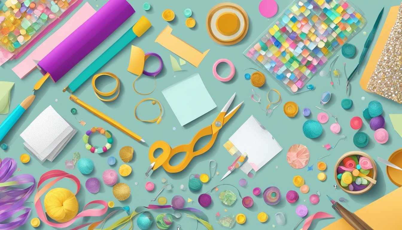 A table with various craft supplies spread out, including colorful paper, glue, scissors, ribbons, and decorative items like beads and sequins