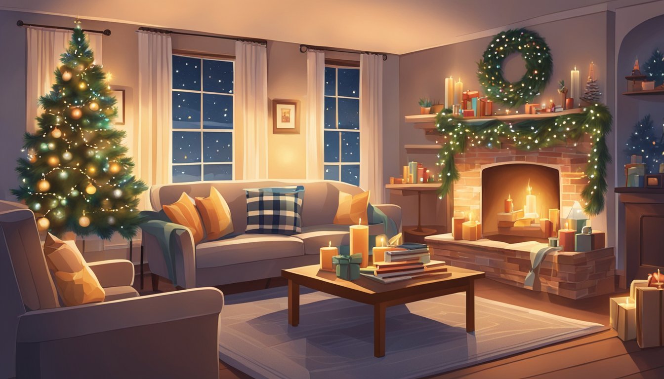 A cozy living room with a table filled with craft kits, wrapping paper, ribbons, and holiday decorations.</p><p>The soft glow of twinkling lights adds a warm ambiance