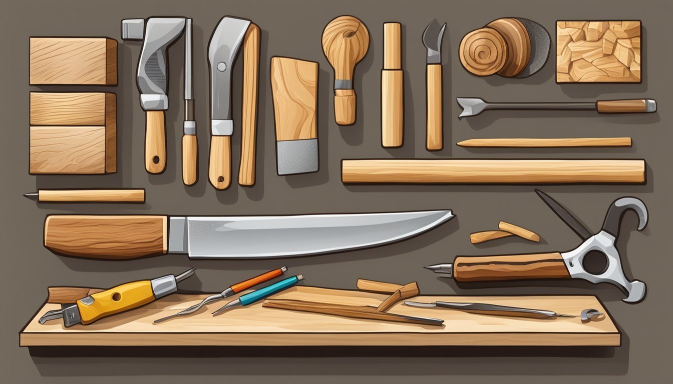Collection of wood carving tools, including knives, chisels, and blocks of wood