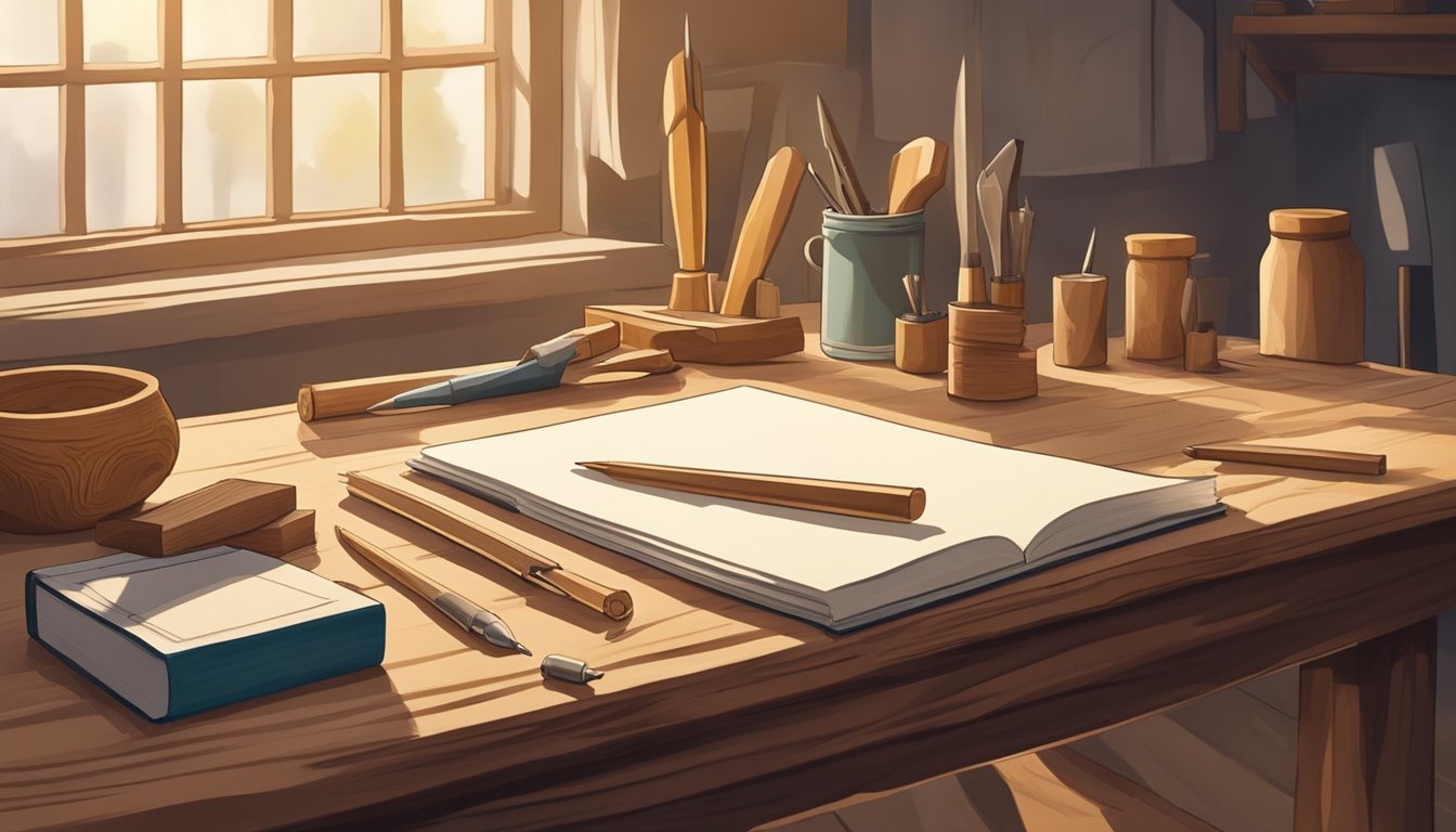 A table with wood carving tools, a piece of wood, and a beginner's guide book on a workbench in a well-lit workshop