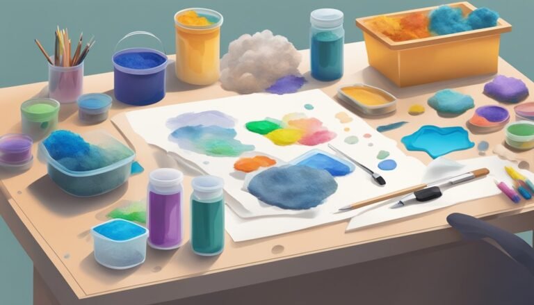 Art supplies, including paints, brushes, and paper, on a wooden table