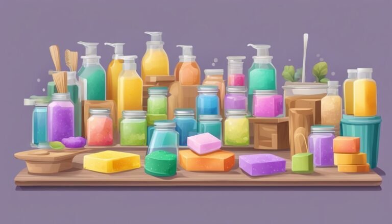 Colorful bottles, jars, and soaps on a wooden shelf, purple background