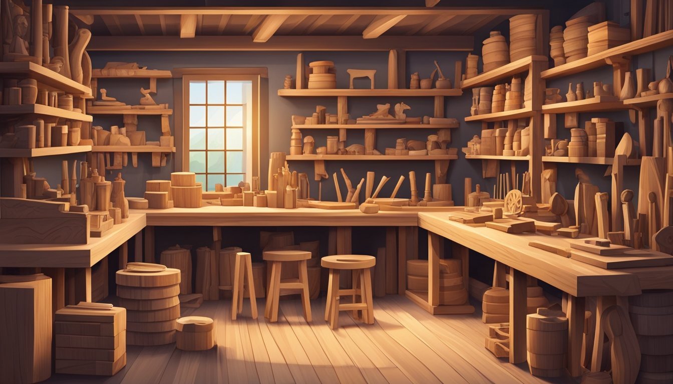 A cozy workshop with various wood carving tools and blocks of wood on workbenches, surrounded by shelves of finished wooden sculptures and carvings