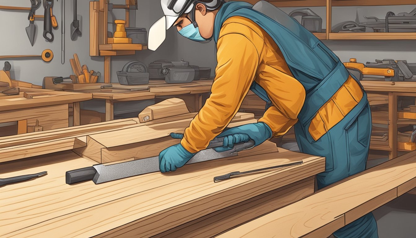 A person wearing safety gear carves a piece of wood with tools on a workbench