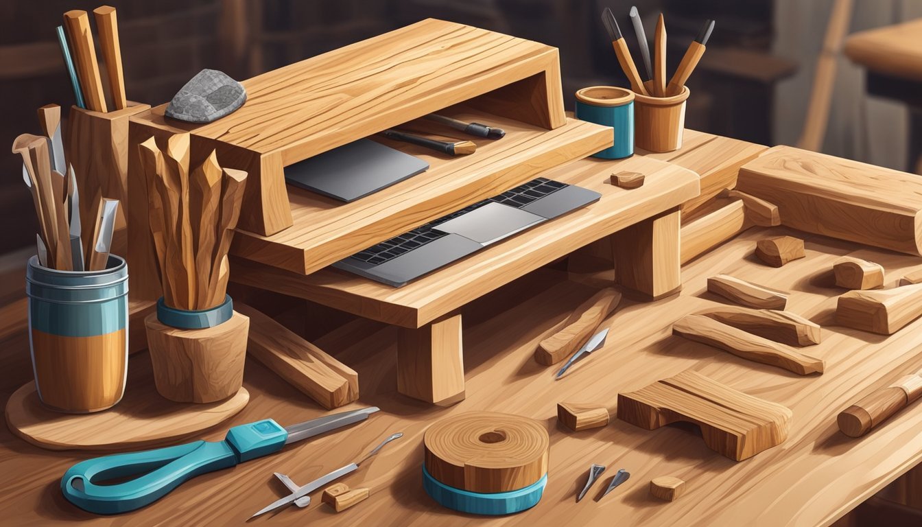 A workbench with various wood carving tools, a piece of wood, and a laptop playing a tutorial video on wood carving for beginners