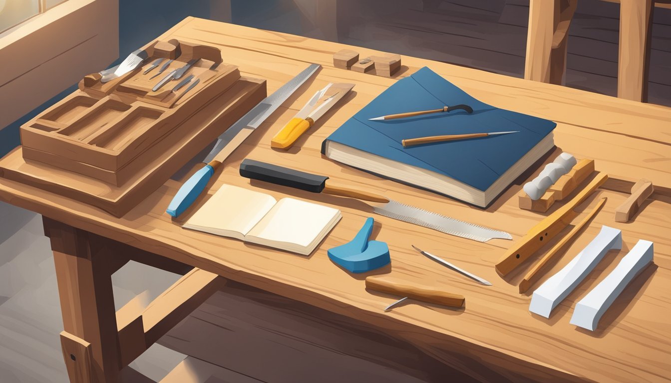 A table with wood carving tools, a piece of wood, and a beginner's guide book on a well-lit workbench