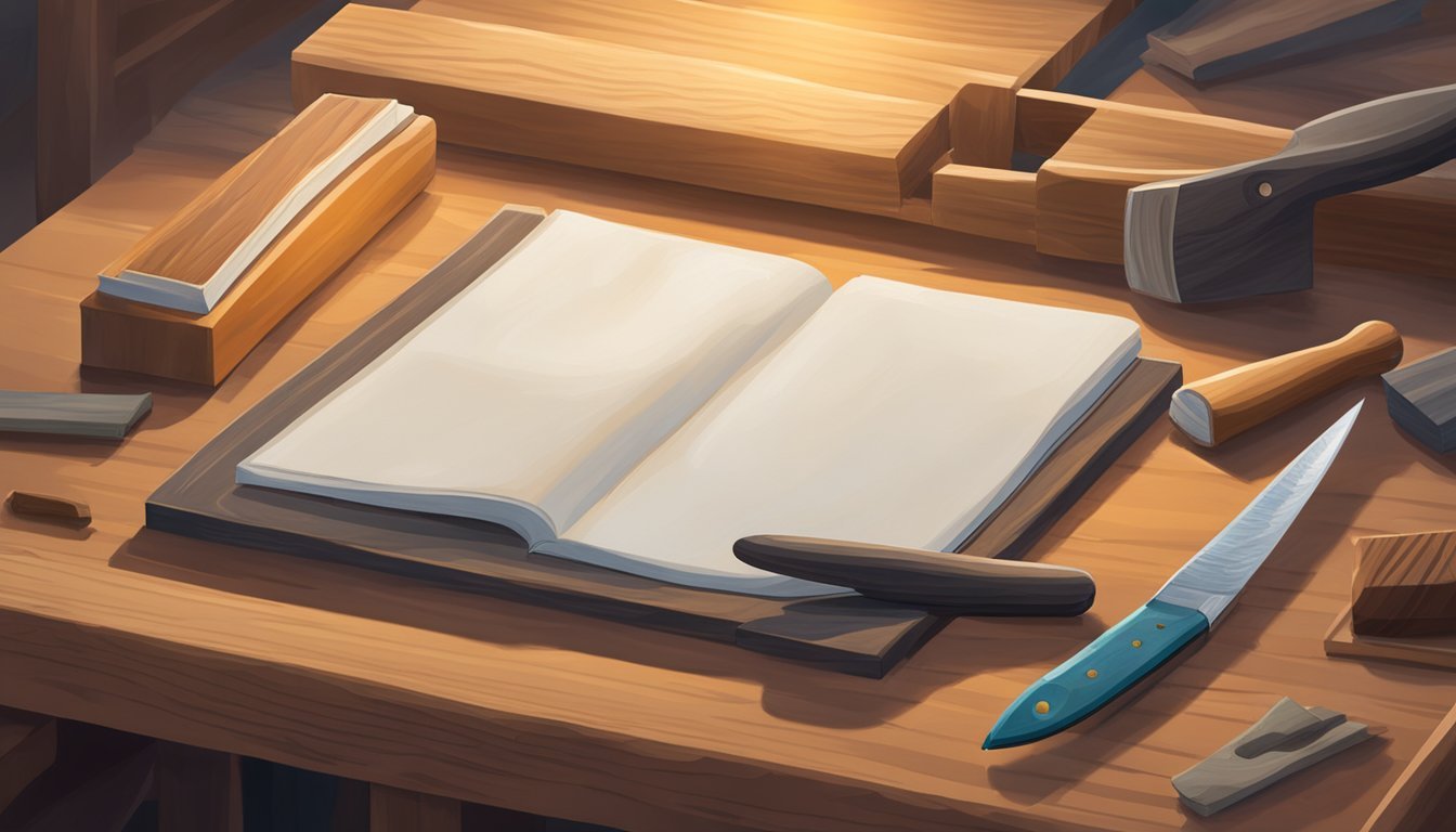 A wooden carving knife, a block of wood, and a beginner's guide book on a workbench in a well-lit workshop