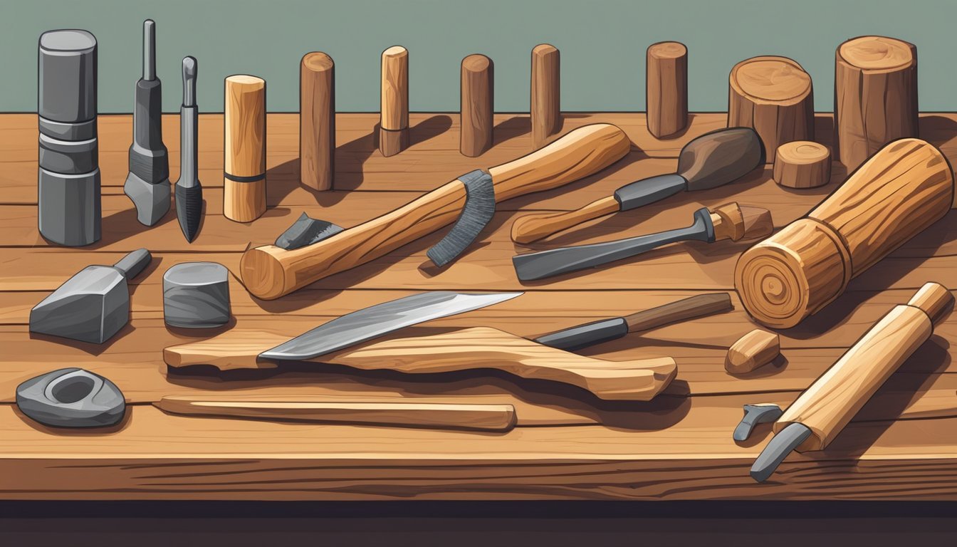 A workbench with various wood carving tools laid out, including chisels, gouges, mallet, and sharpening stone, with a block of wood ready for carving