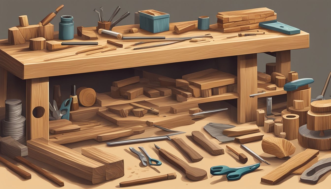 A cluttered workbench with various wood carving tools, a block of wood, and reference materials on different types of wood