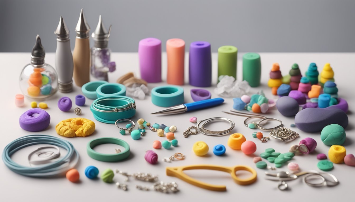 A table with colorful polymer clay, sculpting tools, and various jewelry findings laid out for creating unique jewelry