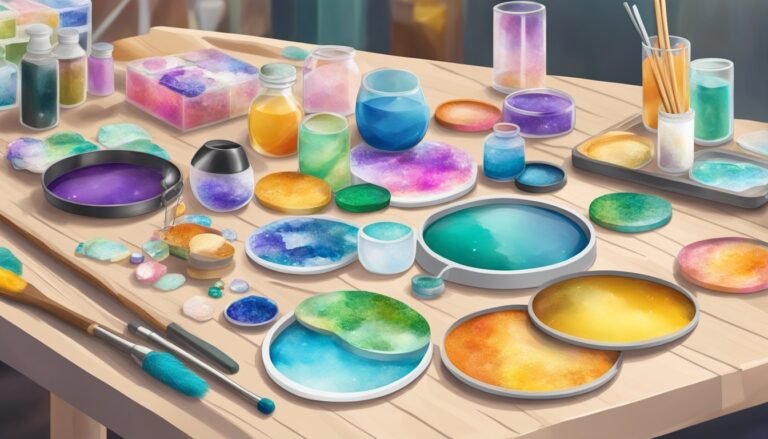 Art supplies, including paints, brushes, and containers, on a wooden table