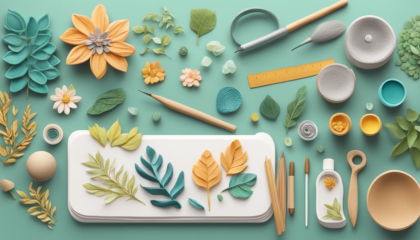 A work table with polymer clay, natural elements like leaves and flowers, tools, and finished jewelry pieces