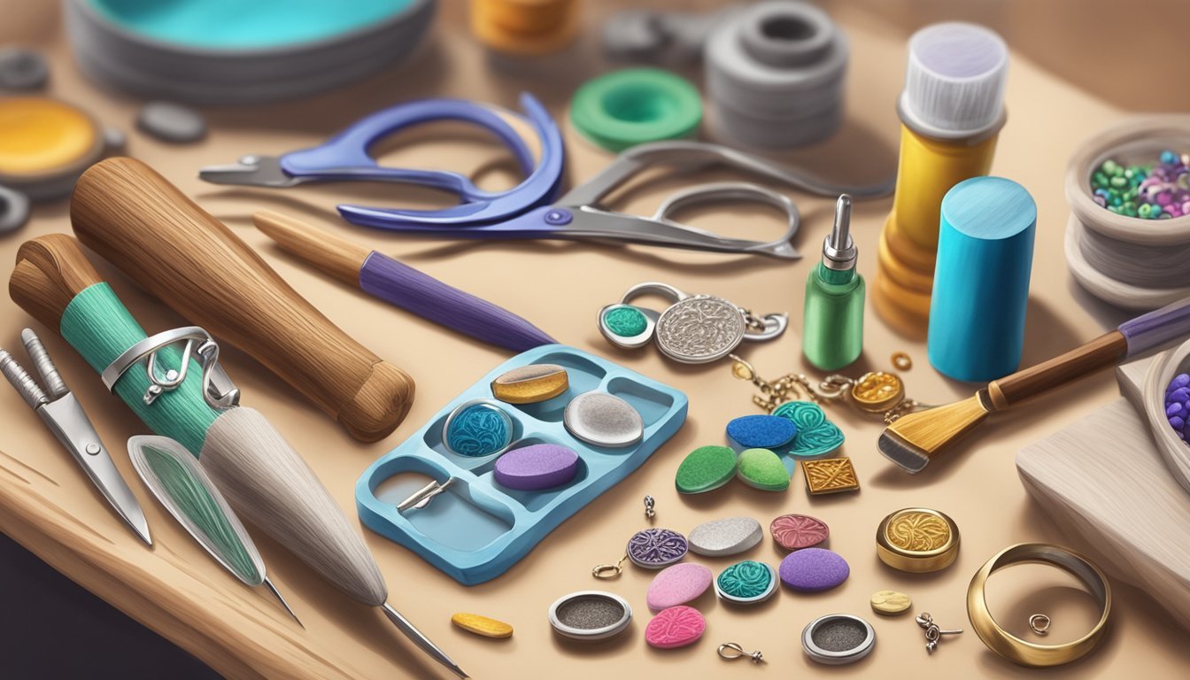 A work table with polymer clay, name stamps, and jewelry-making tools