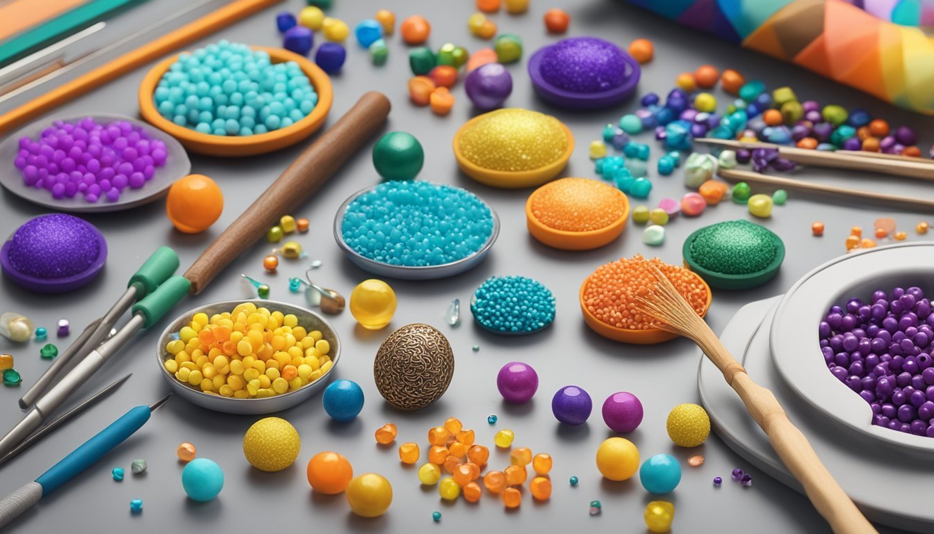 Vibrant beads scattered on a work surface, surrounded by polymer clay and jewelry-making tools