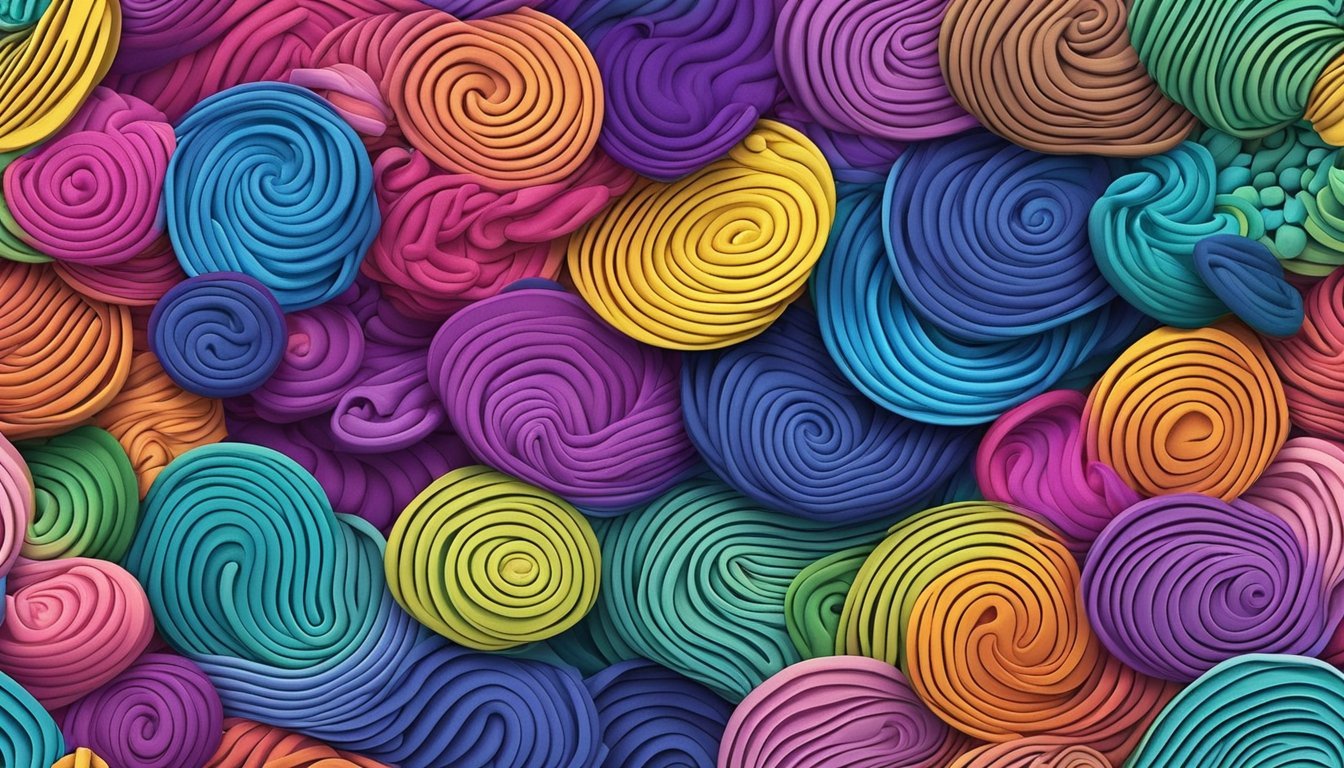 A table with various colors of polymer clay rolled out and blended together to create gradient patterns for jewelry making