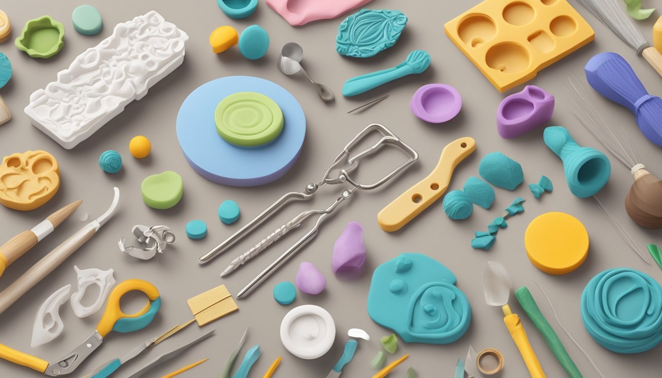 A work surface with various polymer clay molds and tools laid out for creating unique jewelry