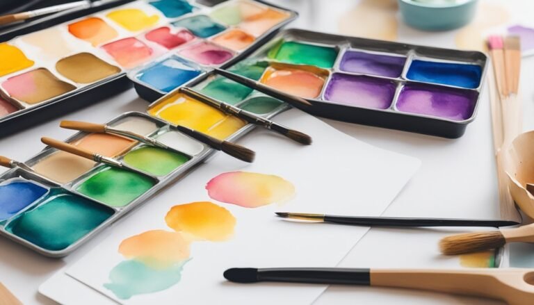 Watercolor paints, brushes, and painted swatches on a white surface