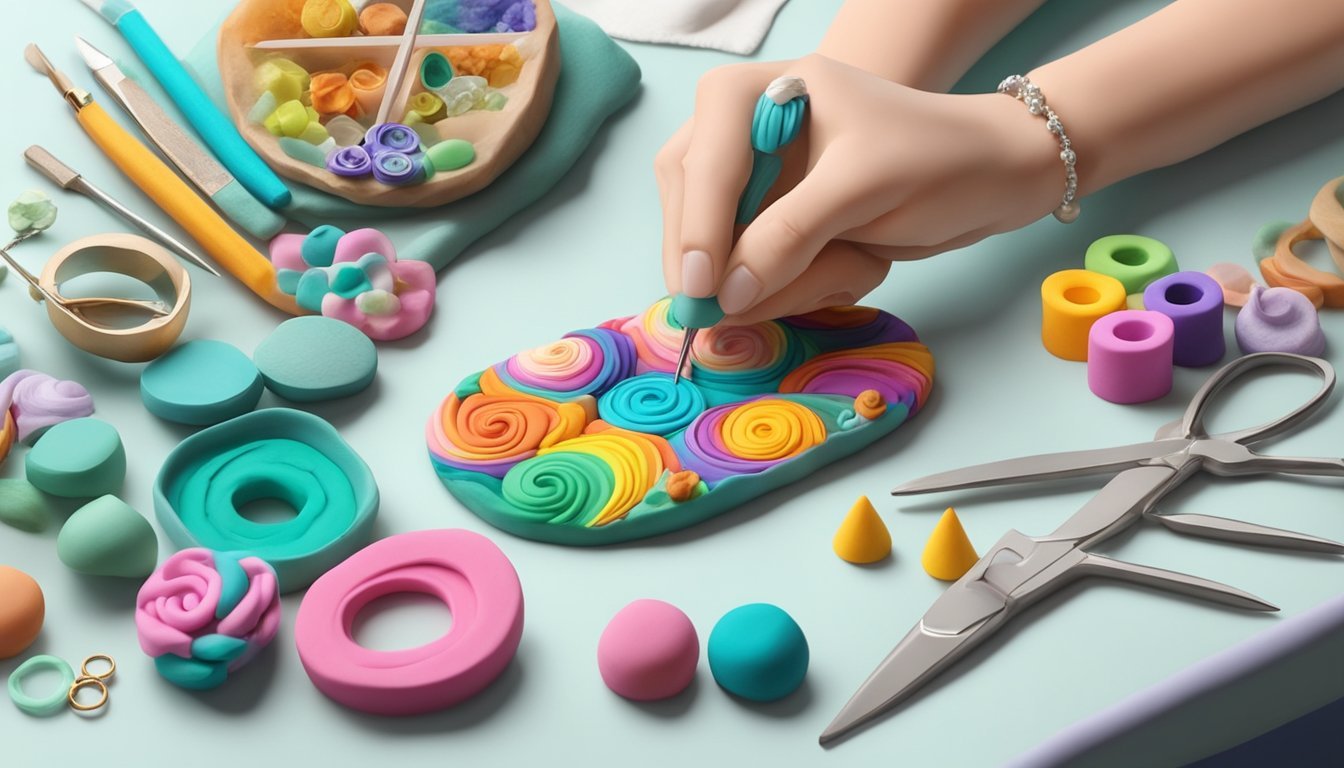 A table with colorful polymer clay, sculpting tools, and jewelry findings.</p><p>A pair of hands shaping clay into unique jewelry pieces