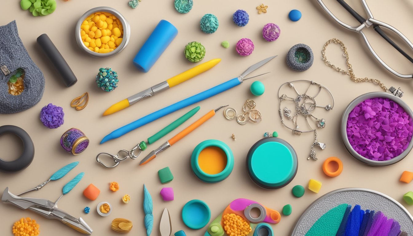 A work table with colorful polymer clay, sculpting tools, and jewelry findings scattered around, with finished unique jewelry pieces on display