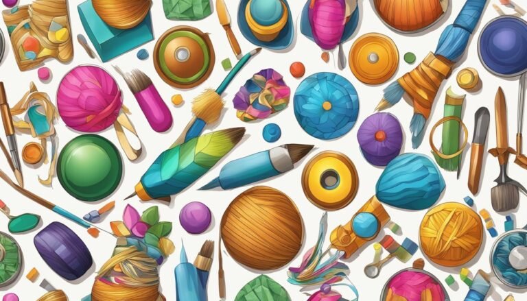 Colorful art supplies, including brushes, yarn, and paint, scattered on white