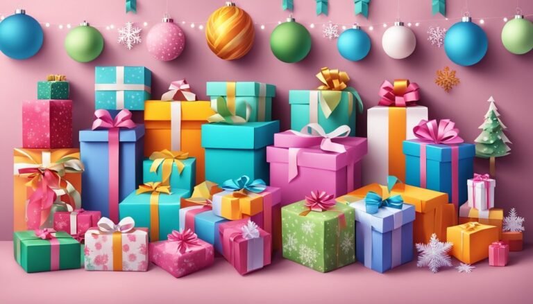 Colorful Christmas presents and ornaments against a pink background