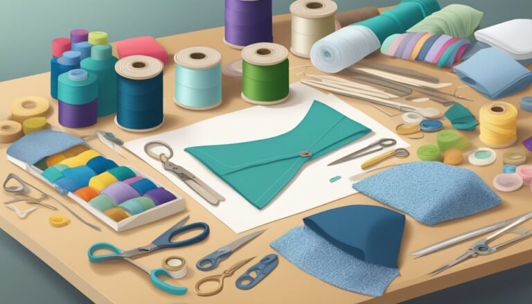 Sewing supplies, including thread, scissors, and fabric, arranged on a table