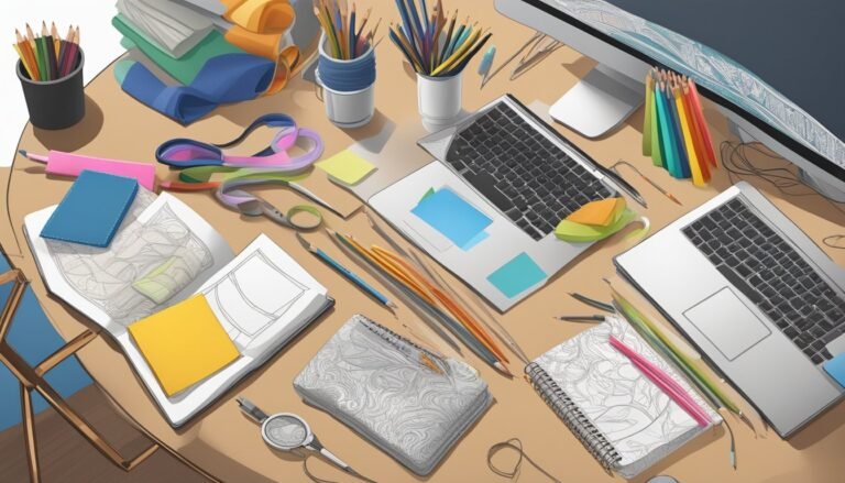 Desk with laptops, notebooks, pencils, and design tools