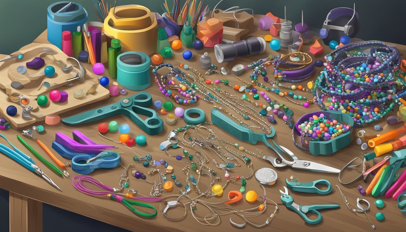 A cluttered workbench with colorful beads, wires, pliers, and other jewelry-making supplies scattered about.</p><p>A finished necklace and bracelet sit nearby