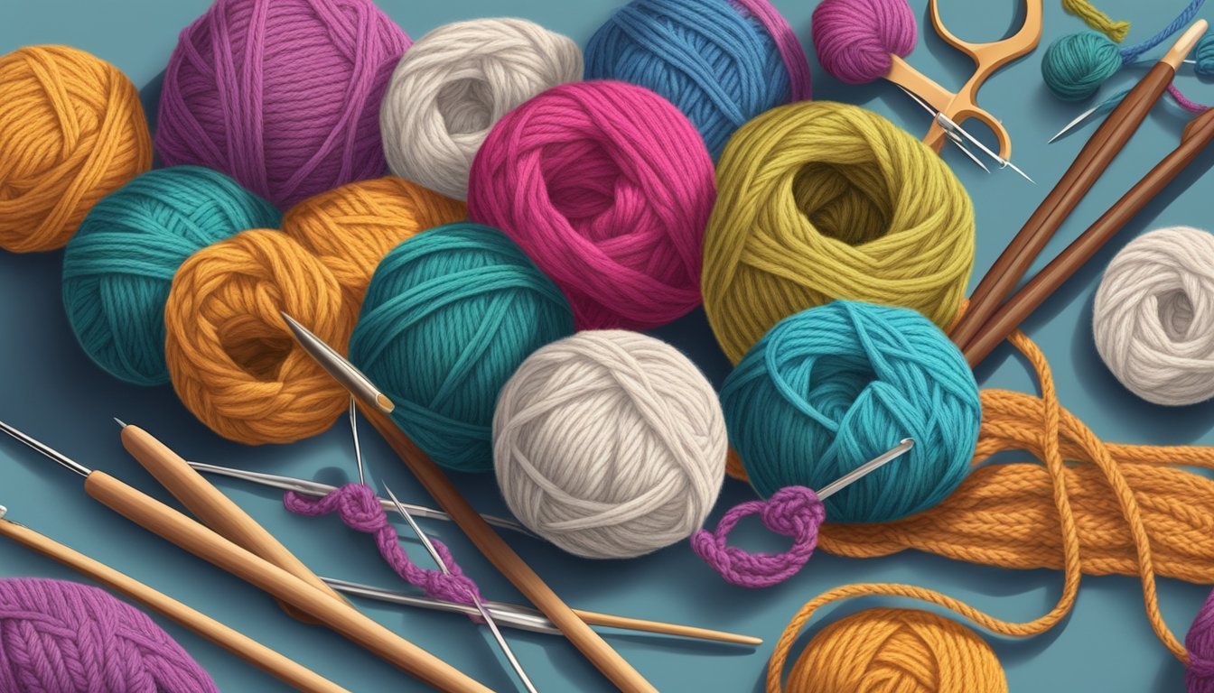 Colorful yarn balls, knitting needles, crochet hooks, and scissors on a blue surface