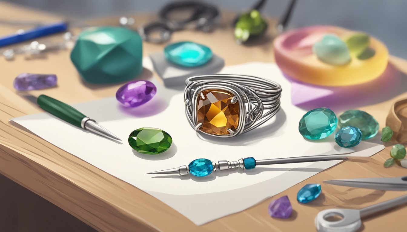 A handcrafted wire-wrapped gemstone ring being carefully assembled with various jewelry-making tools and materials on a clean, well-lit work surface