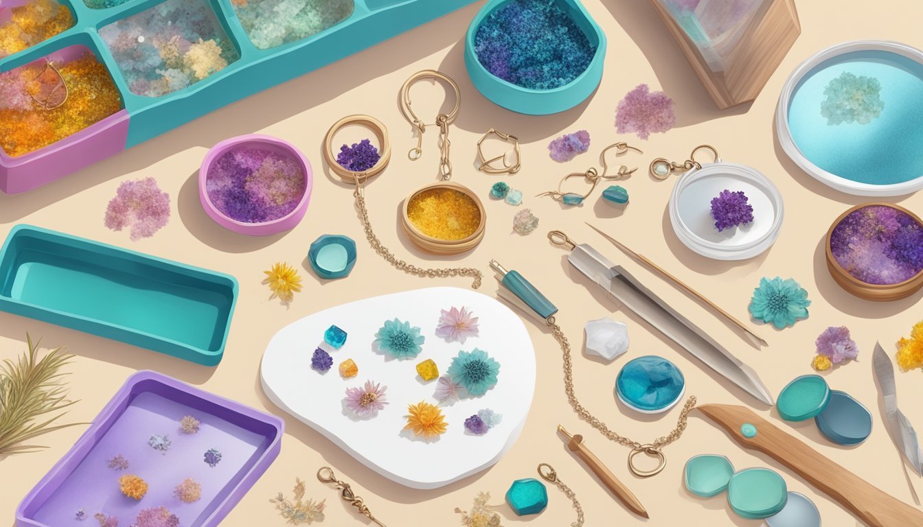 A worktable with resin, dried flowers, jewelry-making tools, and a pendant mold.</p><p>Bright and colorful materials are neatly arranged for a DIY project