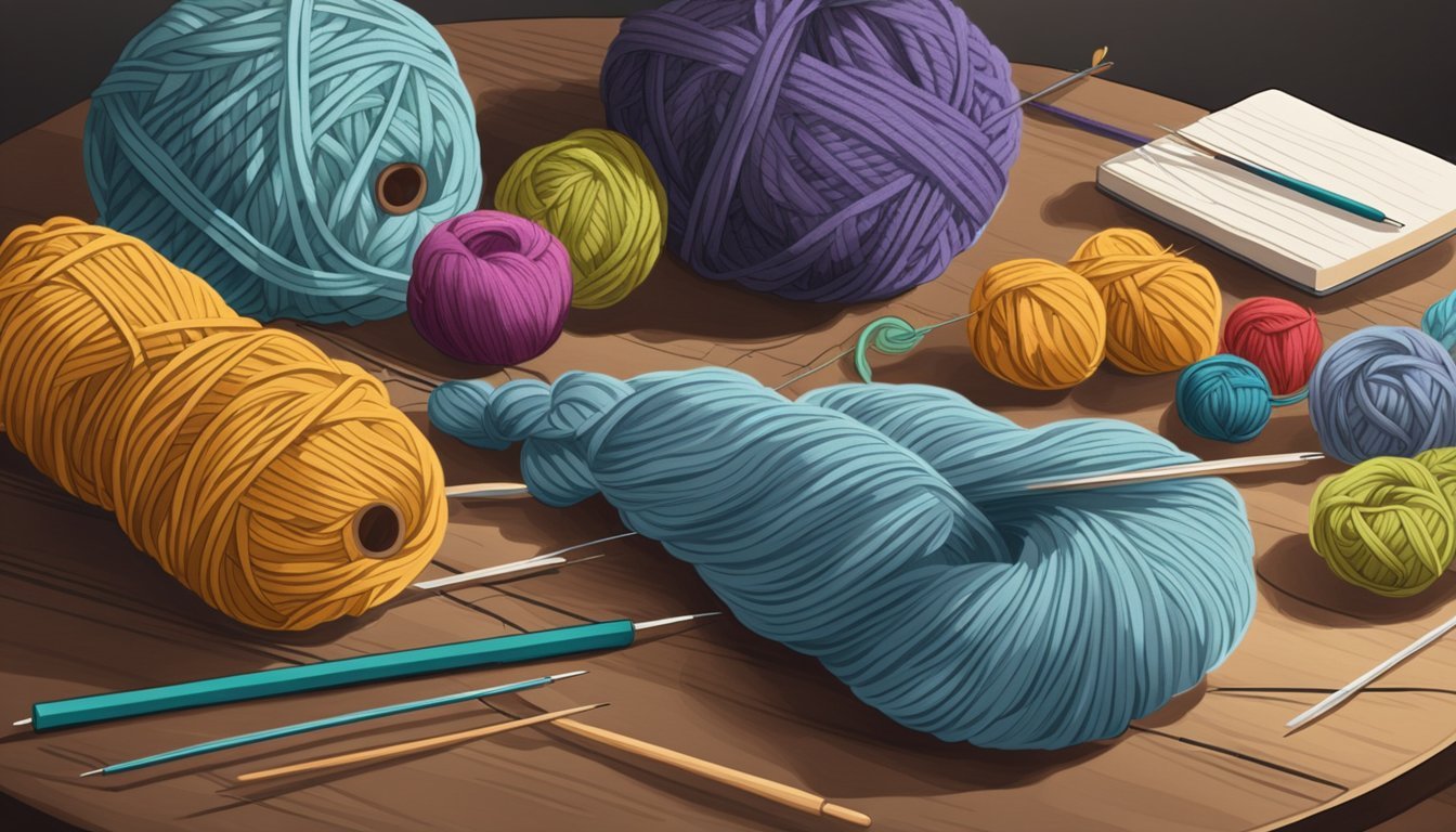 A table with a knitting project on one side and a crochet project on the other, with yarn and needles/hooks scattered around