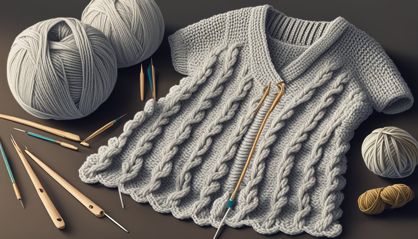 A half-knit, half-crocheted top laid out on a table, with knitting needles and crochet hooks scattered around